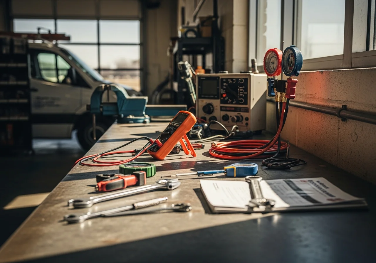 HVAC technician tools and equipment arranged on a workbench, representing professional heating and cooling service expertise.
