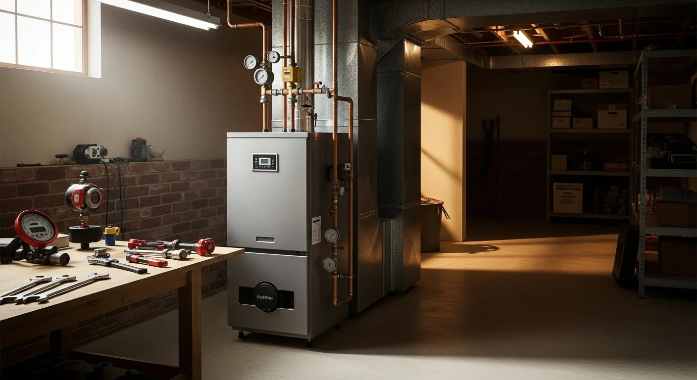 HVAC technician performing maintenance on a residential boiler system