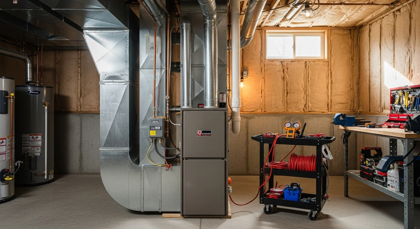 HVAC technician servicing a furnace in a residential home