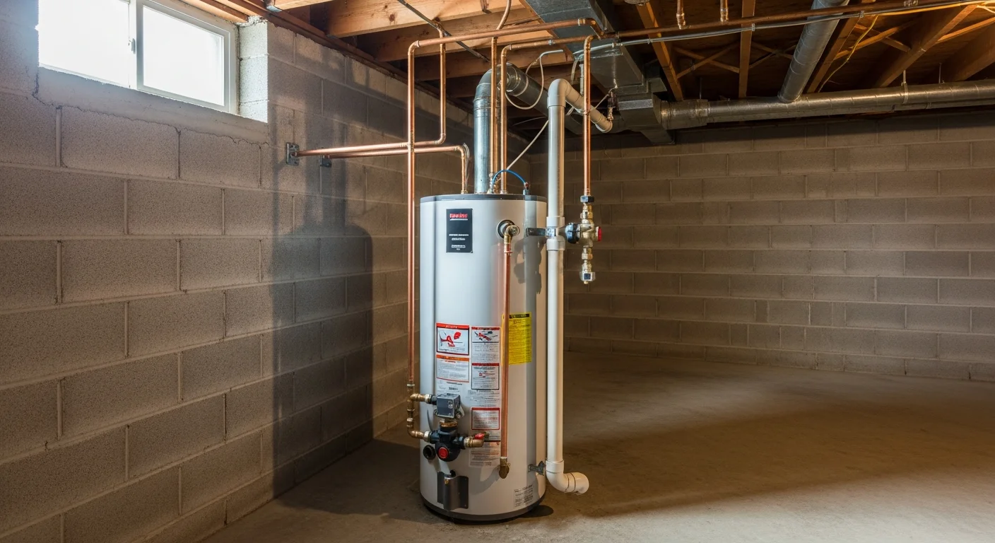 Technician installing a new water heater in a residential basement