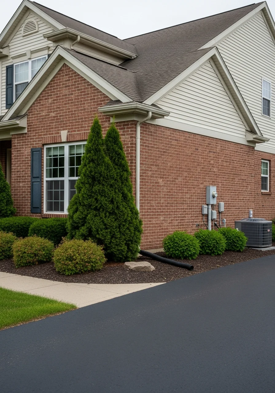 Close-up of a well-maintained Monroe County home exterior with established landscaping and clear property access.