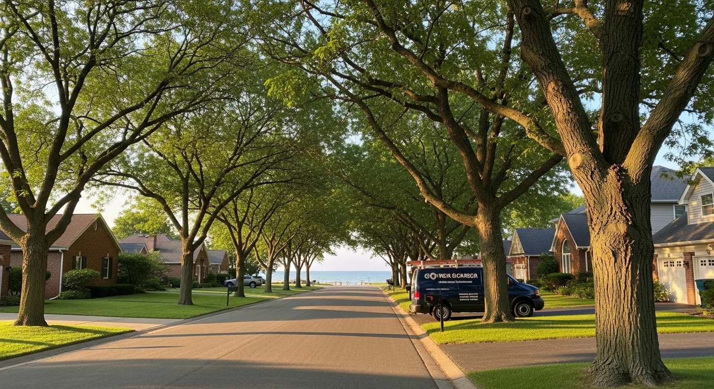 Waterfront residential neighborhood in Monroe County with Lake Erie visible in background and mature trees lining the street.