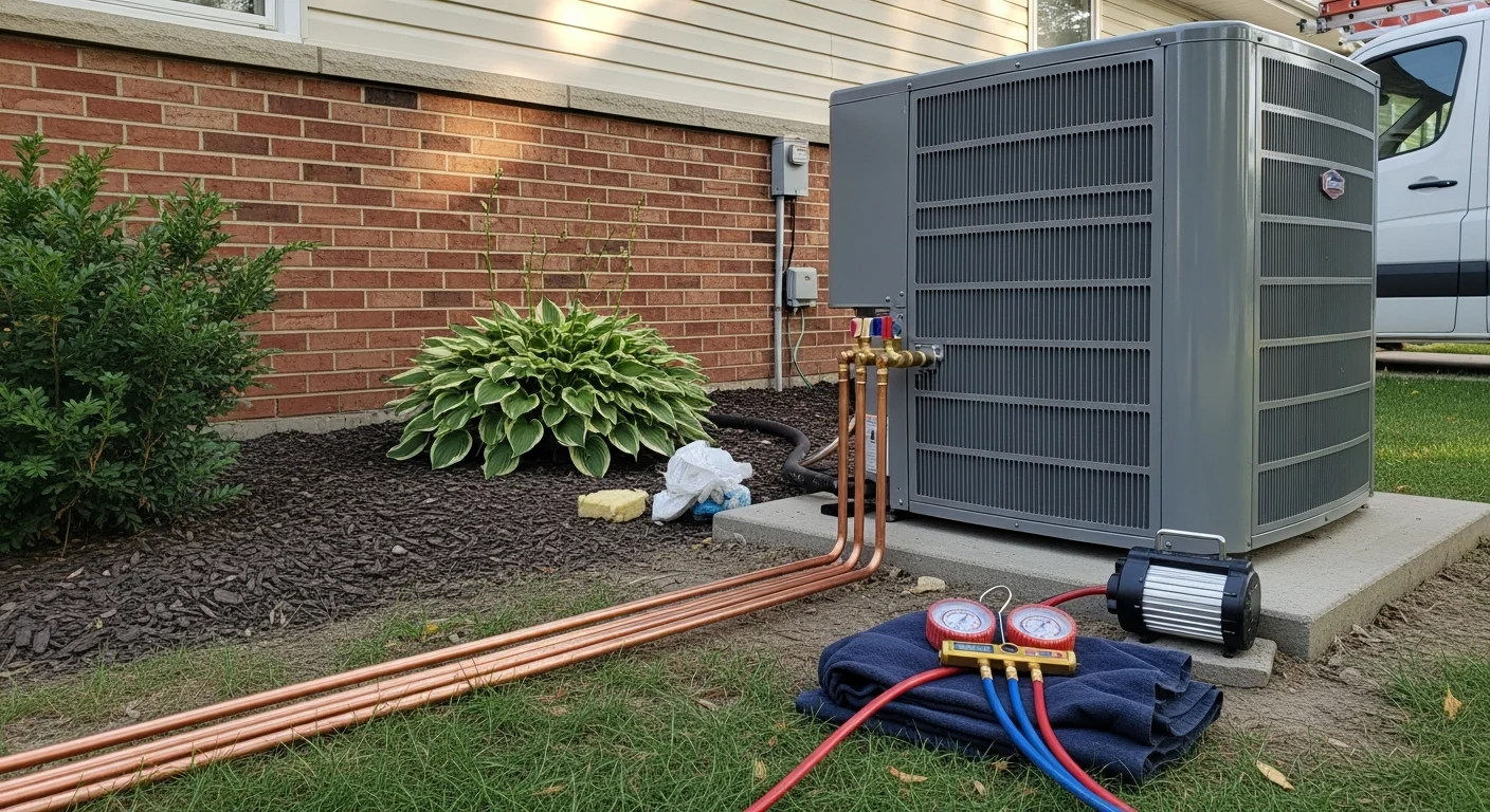 A newly installed central air conditioning unit mounted on a concrete pad beside a single-family home in Monroe County, MI. The exterior condenser is connected and ready for operation on a warm Michigan summer day.