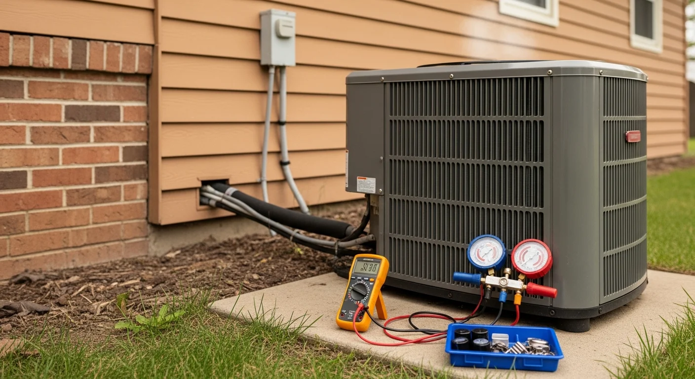 A Rawlings Heating And A/C technician inspecting an outdoor central air conditioning unit at a single-family home in Monroe County, MI. The technician checks electrical components on a warm summer day with a residential neighborhood visible in the background.