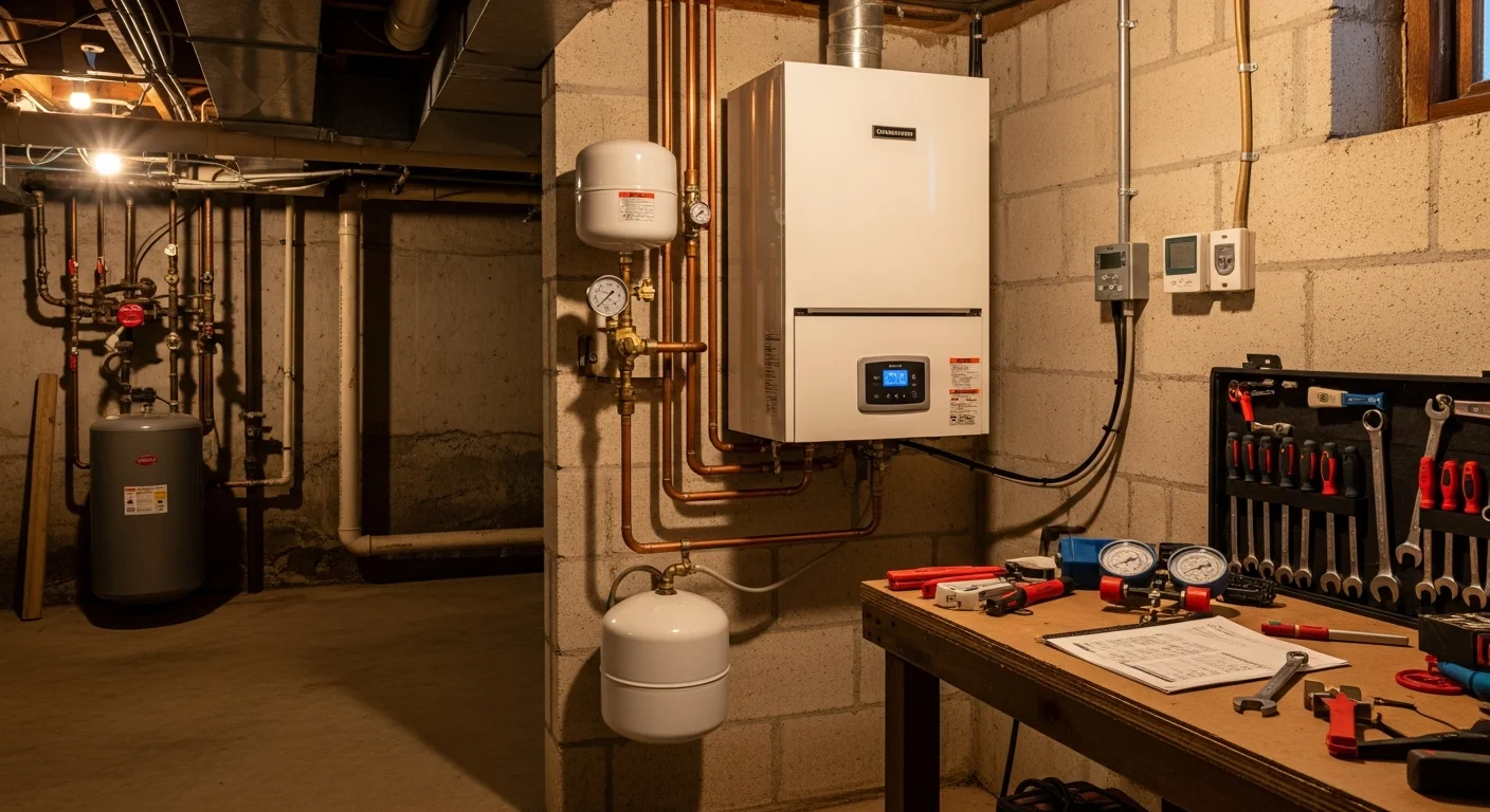 A newly installed hydronic boiler unit in the basement utility room of a Monroe County, MI home. Copper supply and return pipes connect the boiler to the home's baseboard heating system.