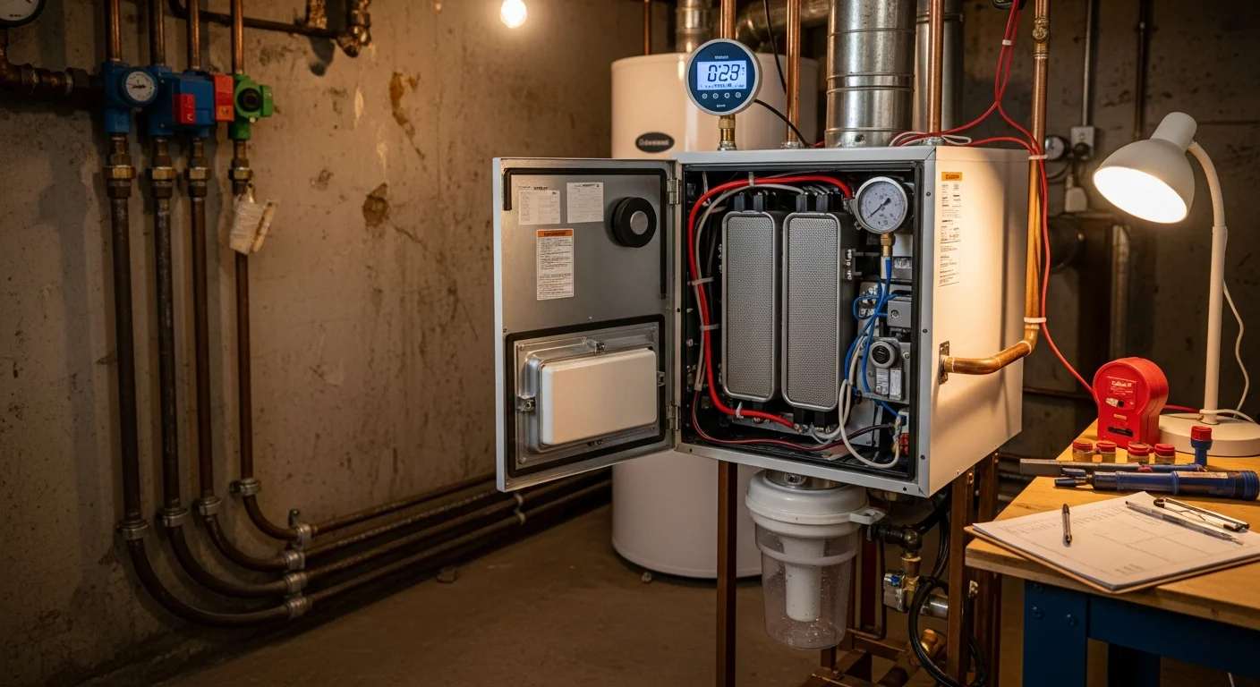 A Rawlings Heating And A/C technician inspecting a residential boiler system in a Monroe County, MI home. The technician checks pressure gauges and internal components during a routine maintenance visit.