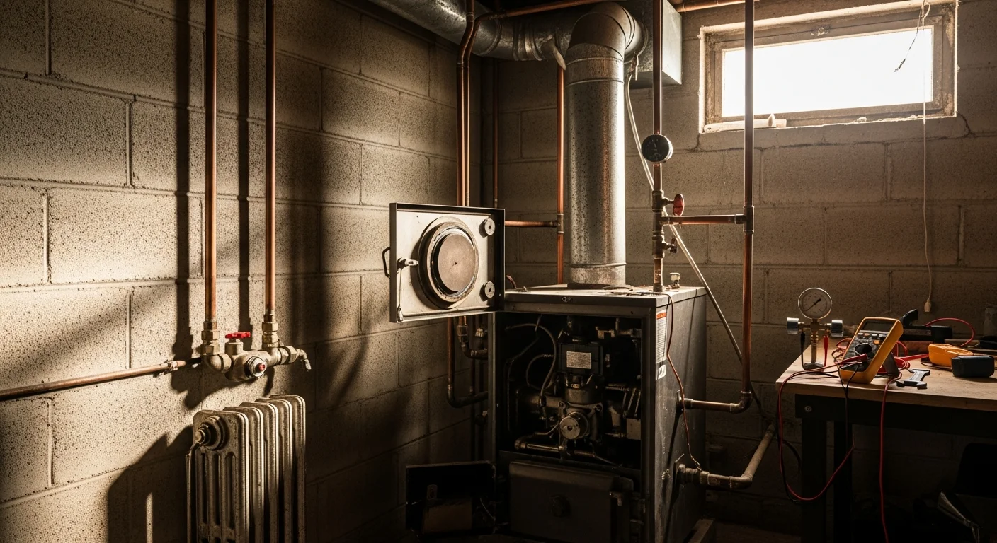 A technician from Rawlings Heating And A/C inspecting a residential boiler system in a Monroe County, MI home. The image shows the technician checking pressure gauges and pipe connections on a hydronic heating unit in a utility room.