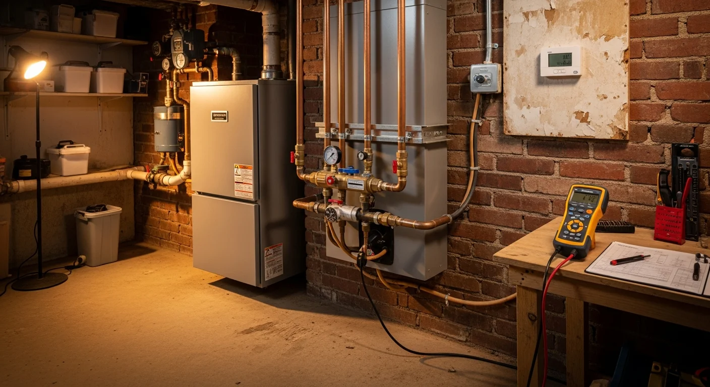A newly installed residential boiler unit in a Monroe County, MI home utility room, with clean copper piping connections and updated controls visible. A Rawlings Heating And A/C technician inspects the system connections during the final post-installation check.