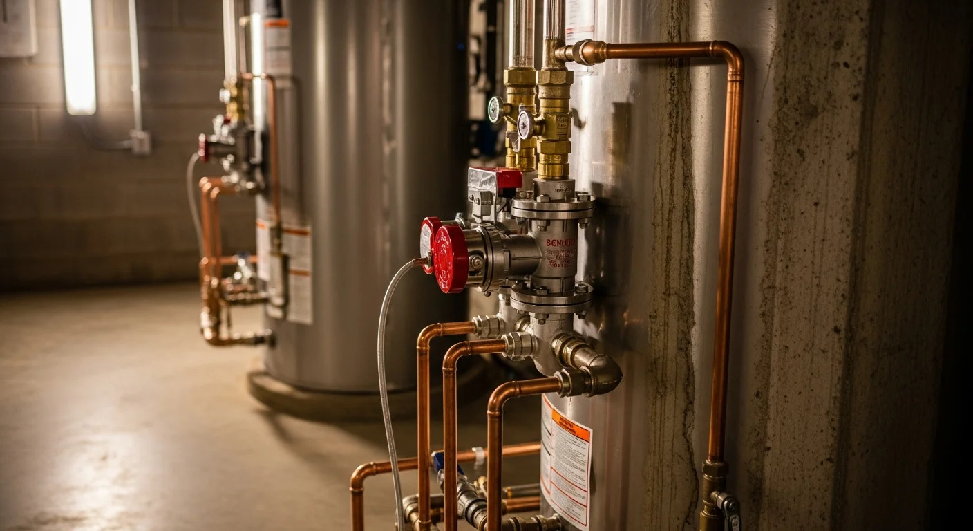 A commercial water heater unit installed in a mechanical room of a Monroe County, MI business, with a Rawlings Heating And A/C technician inspecting the pressure relief valve and supply connections.
