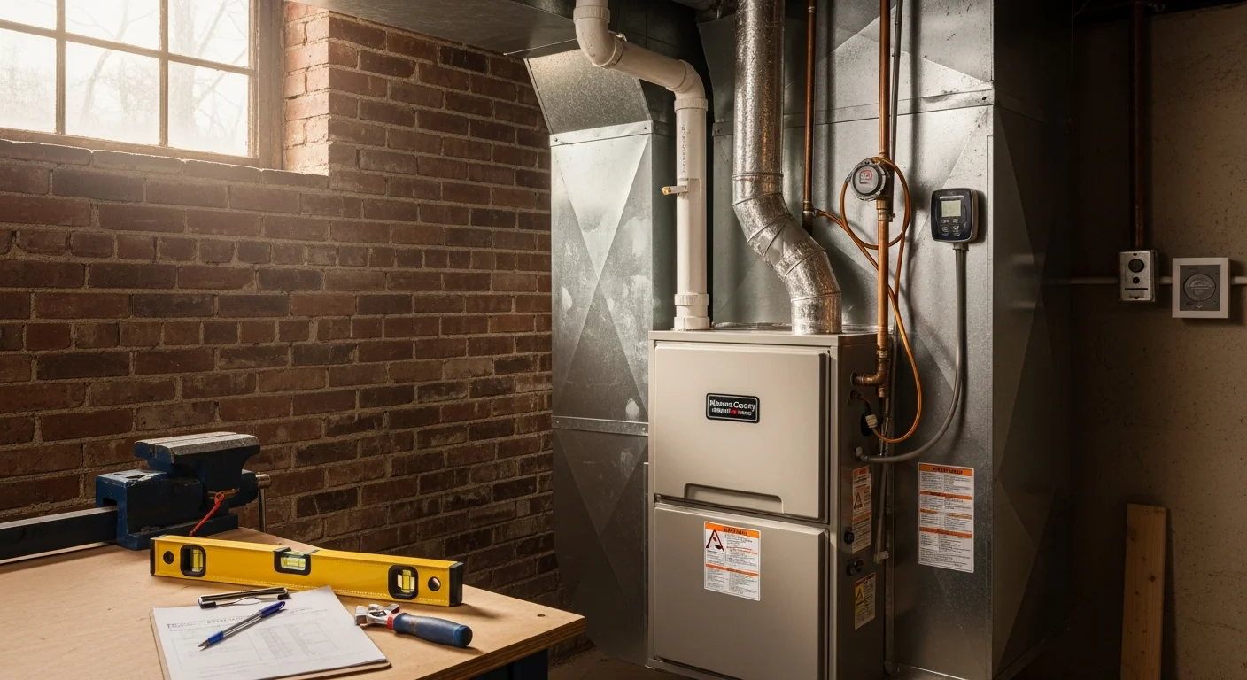 A newly installed gas furnace in the basement of an older single-family home in Monroe County, MI, with clean ductwork connections and a digital thermostat mounted on the wall above.