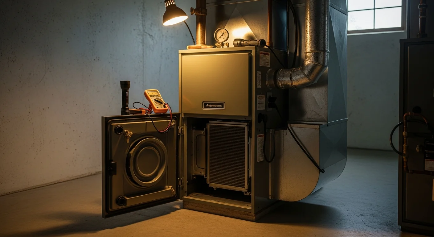 A Rawlings Heating And A/C technician inspecting the interior components of a gas furnace inside a Monroe County, MI home. The technician examines the heat exchanger and igniter in a utility room typical of the area's older single-family housing stock.