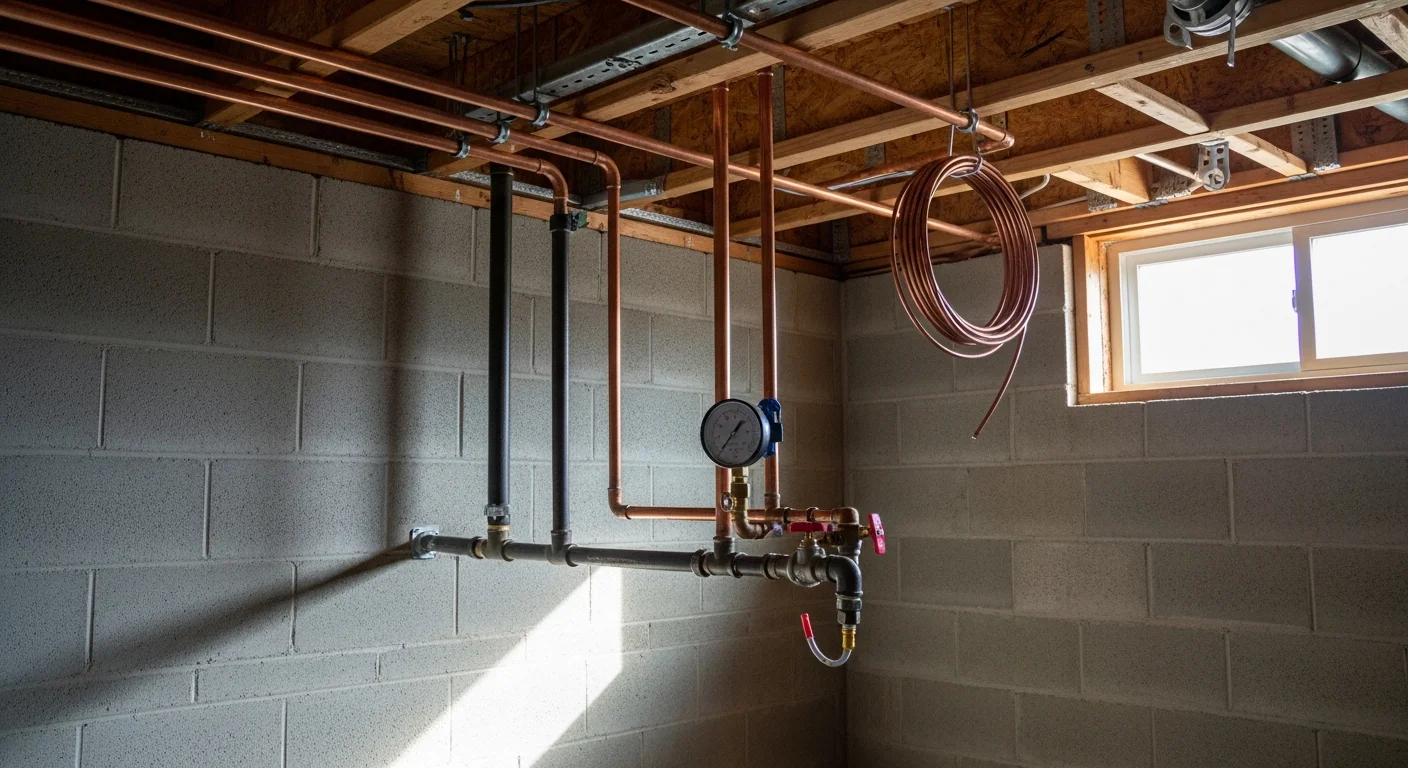 A licensed technician from Rawlings Heating And A/C connects new gas piping to a furnace in the basement of a Monroe County, MI home. Properly fitted pipe runs and shut-off valves are visible along the wall.