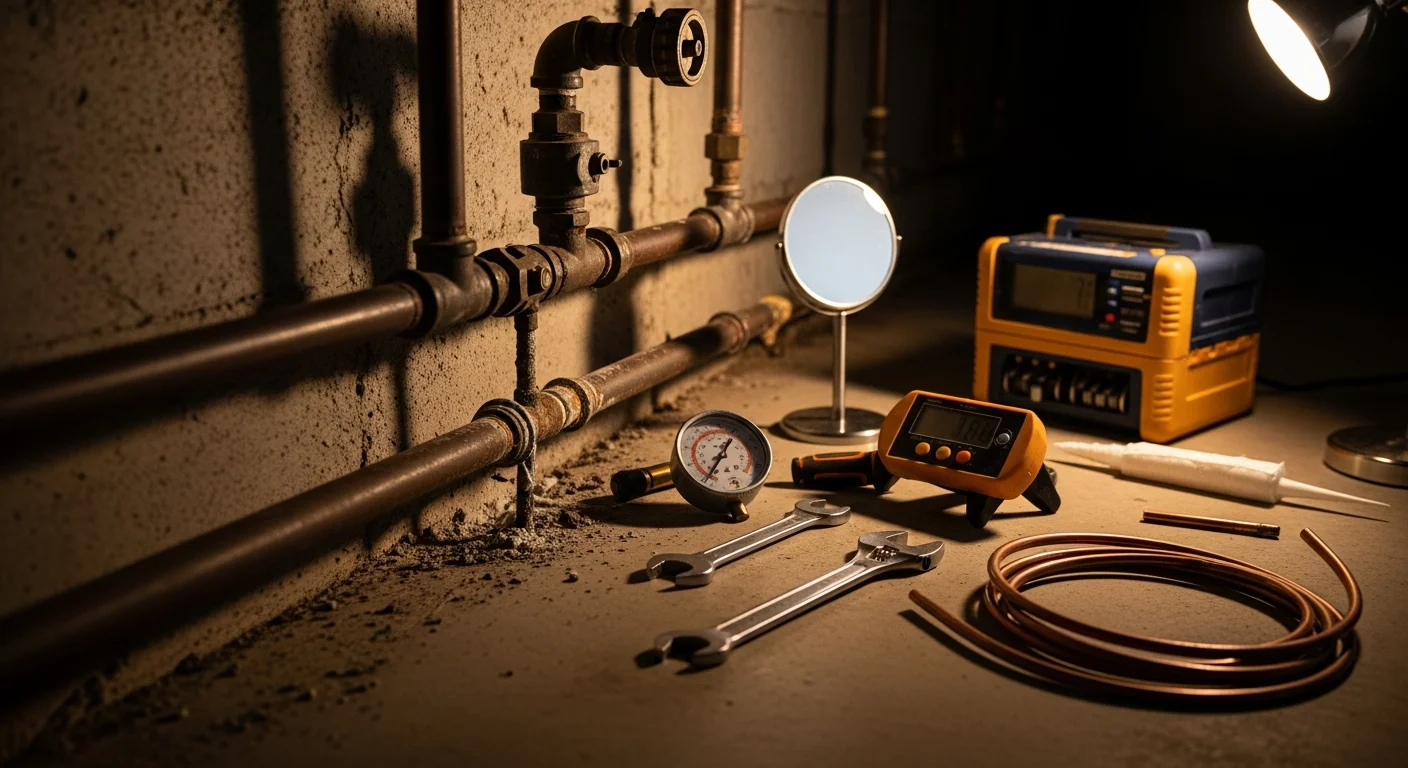 A licensed technician from Rawlings Heating And A/C inspecting an exposed gas pipe connection in the utility area of a Monroe County, MI home. The image shows the technician using detection equipment near a furnace gas line fitting.