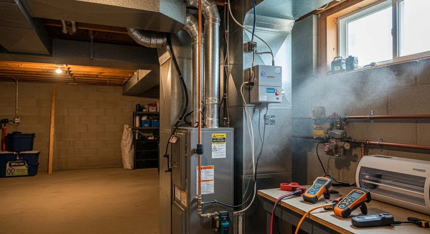 A Rawlings Heating And A/C technician inspecting a residential HVAC air filtration unit inside a Monroe County, MI home. The image shows the technician reviewing ductwork connections and an installed whole-home air purification system.