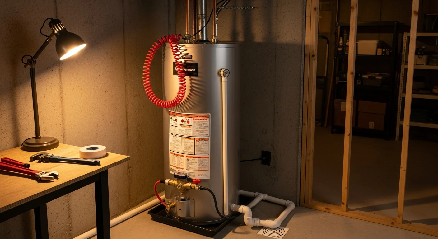 A newly installed water heater in a residential basement in Monroe County, MI, with clean copper connections and proper venting in place. A Rawlings Heating And A/C technician checks the unit connections during the final inspection.