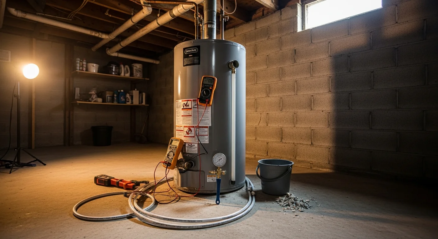A technician from Rawlings Heating And A/C inspecting a residential tank water heater in a Monroe County, MI basement. The technician checks connections and the pressure relief valve on the unit.
