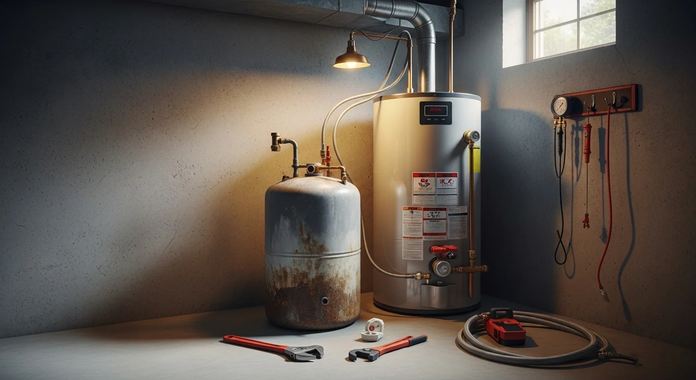 A newly installed tank water heater in an unfinished basement of a Monroe County, MI home, with fresh copper supply line connections and a properly secured pressure relief valve.