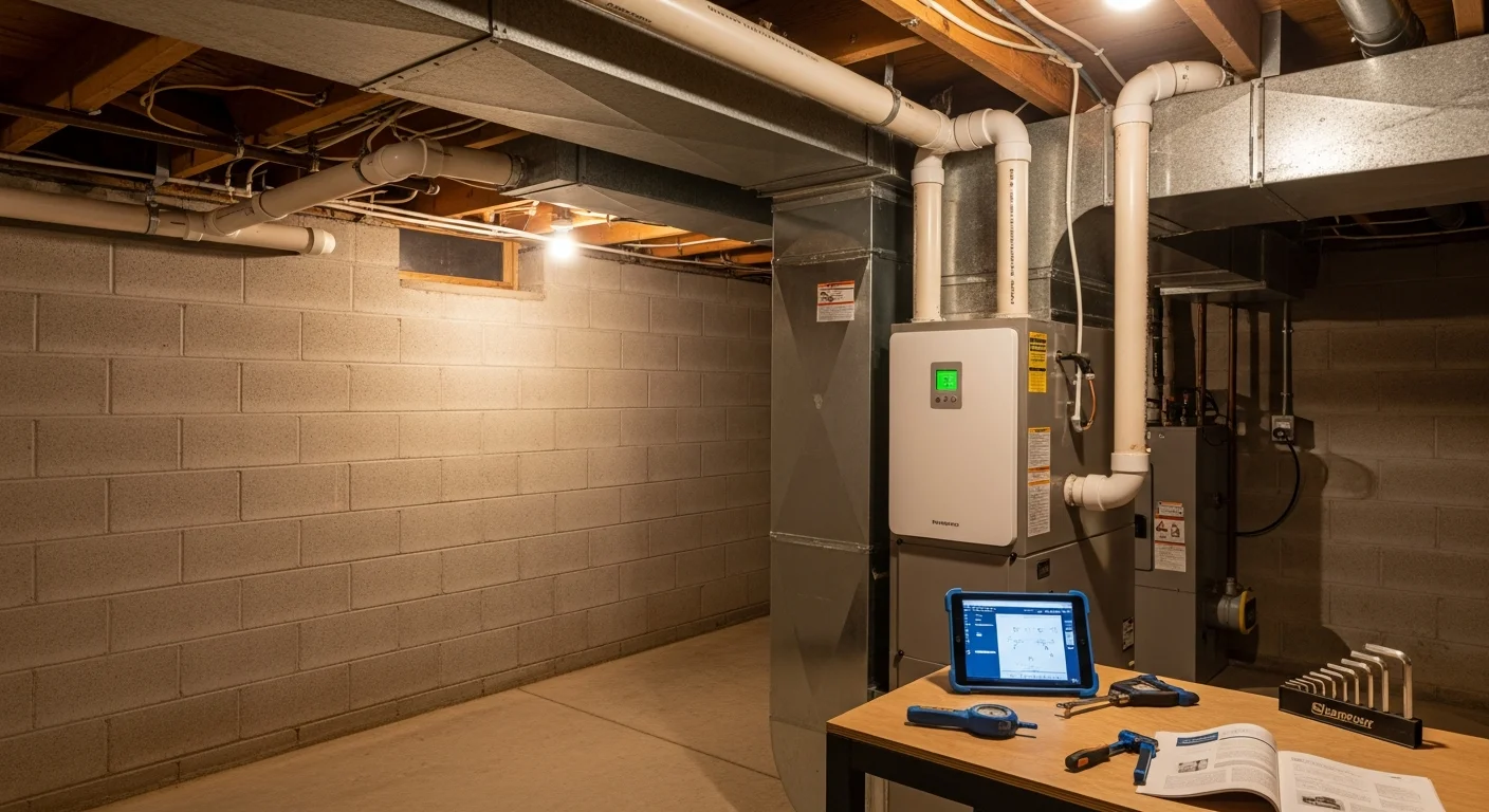 A whole home air purifier unit installed inside a residential HVAC system in a Monroe County, MI home, with ductwork connections visible in a utility room setting.